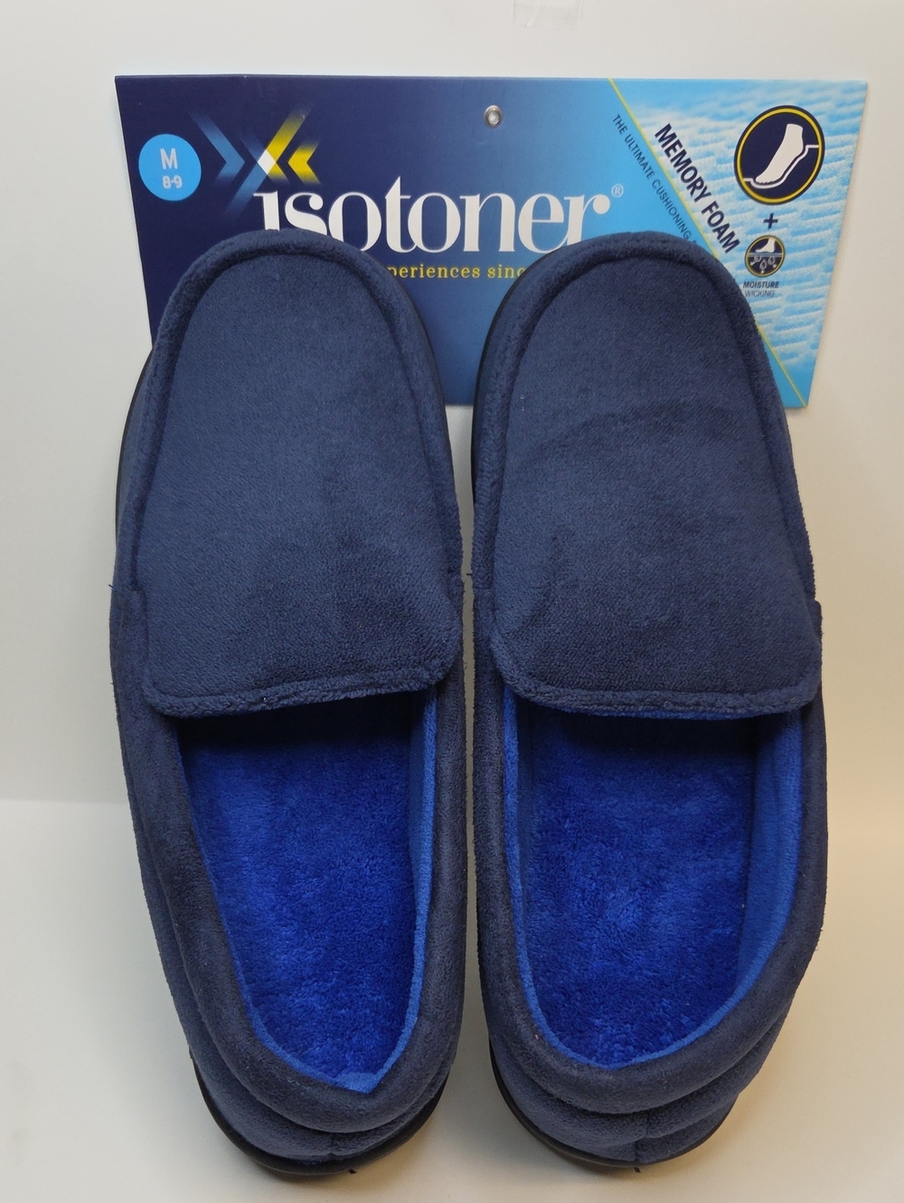 Isotoner Jared Men's Memory Foam Moc Slippers Navy Blue Medium Shoe Size 8-9